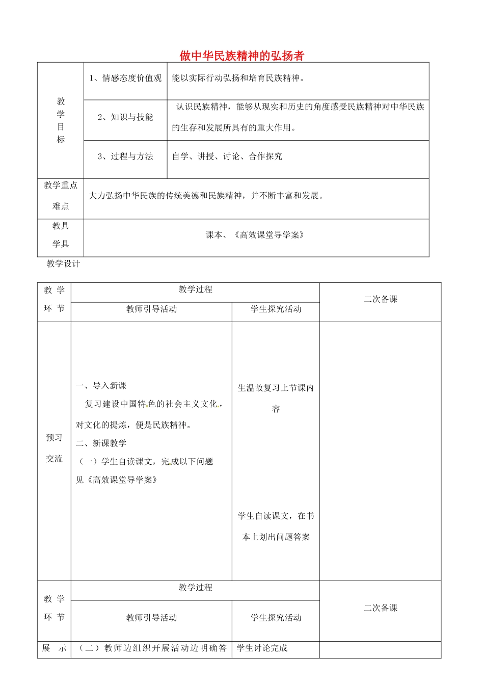 江苏省启东市陈兆民中学九年级政治全册 第二课 第3框 做中华民族精神的弘扬者教案 苏教版_第1页