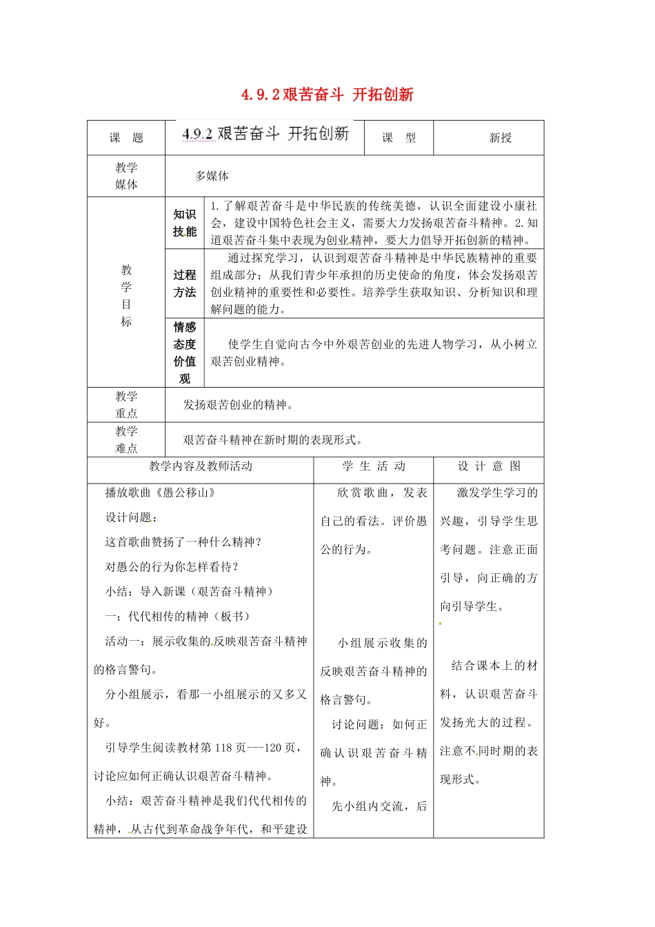 江苏省南通市实验中学九年级政治全册 4.9.2艰苦奋斗 开拓创新教案 新人教版_第1页