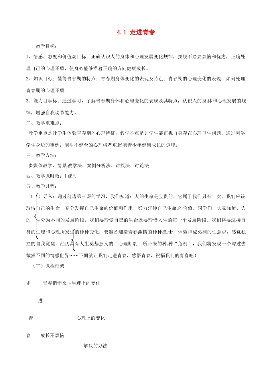 河南省郑州高新区创启学校七年级政治上册 4.1 走进青春教案 新人教版_第1页