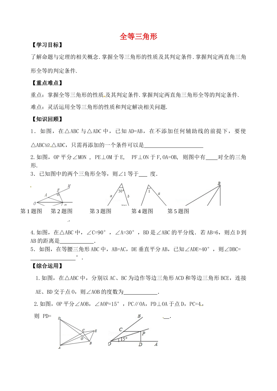 山东省郯城县红花镇中考数学专题复习 专题五 三角形与四边形（18-3）全等三角形学案-人教版初中九年级全册数学学案_第1页