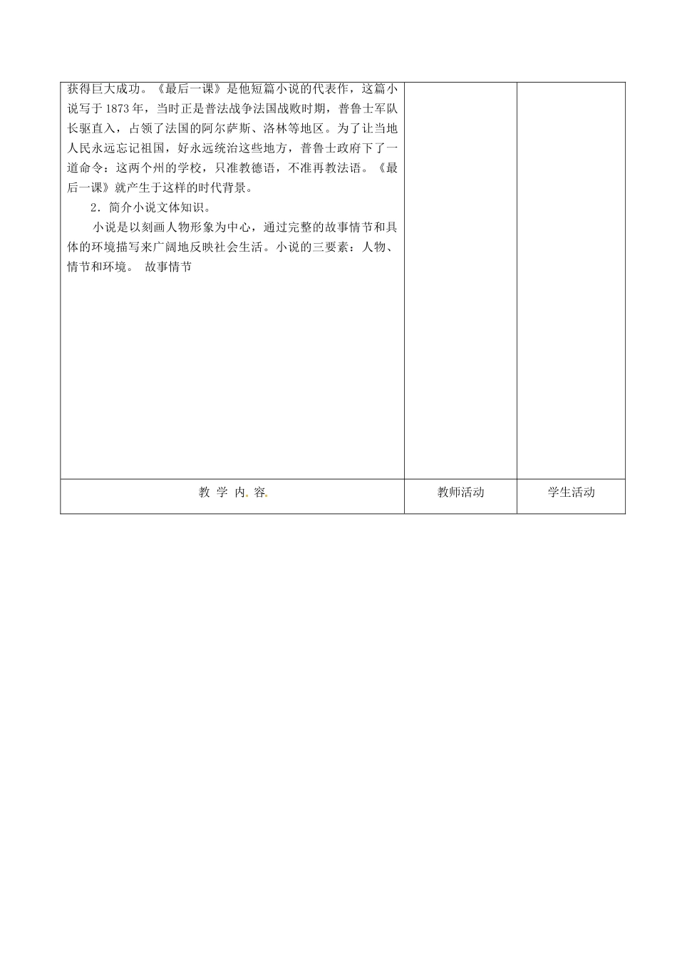 甘肃省酒泉市瓜州县第二中学七年级语文下册 第三单元 第一课《最后一课》第一课时教案 北师大版_第2页