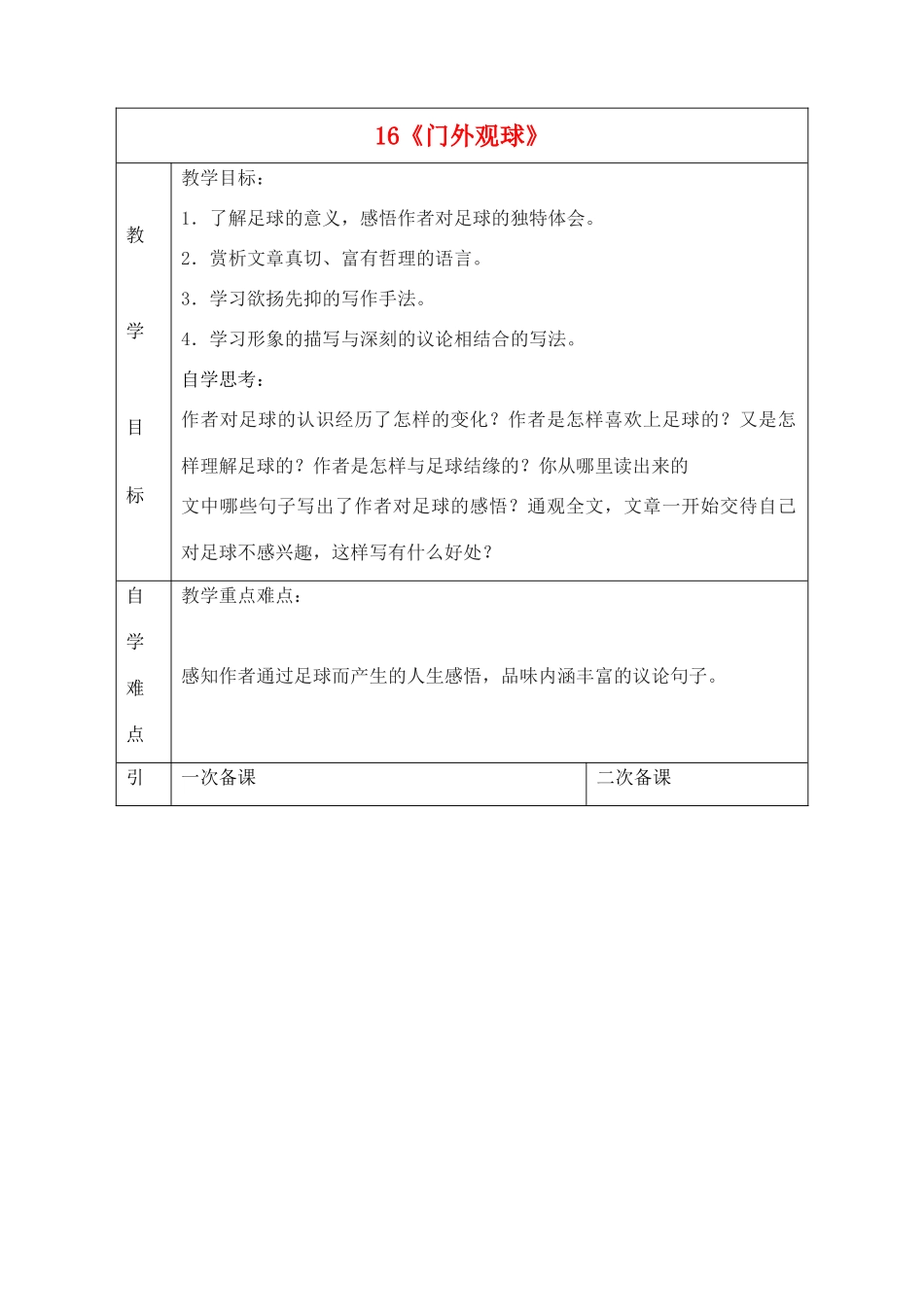七年级语文上册 第16课《门外观球》教案 鲁教版-鲁教版初中七年级上册语文教案_第1页