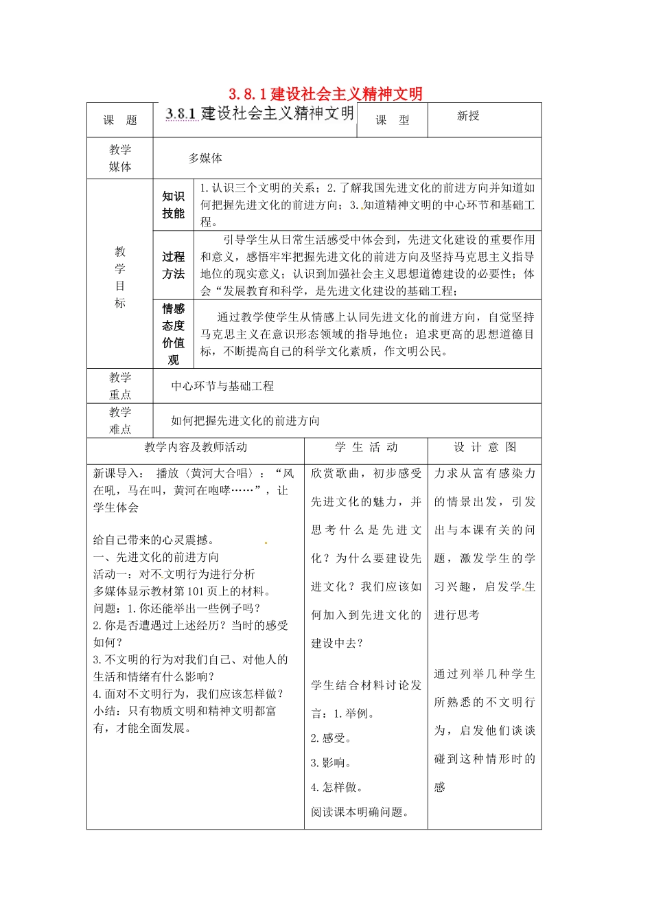 江苏省南通市实验中学九年级政治全册 3.8.1建设社会主义精神文明教案 新人教版_第1页