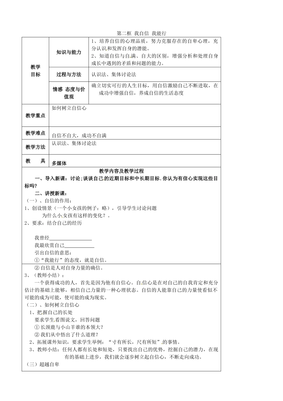 江苏省太仓市第二中学七年级政治上册《第二课 第二框 我自信 我能行》教案 苏教版_第1页