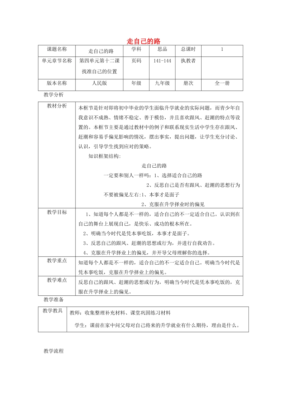 辽宁省凌海市石山初级中学九年级政治全册《走自己的路》教学设计 人民版_第1页