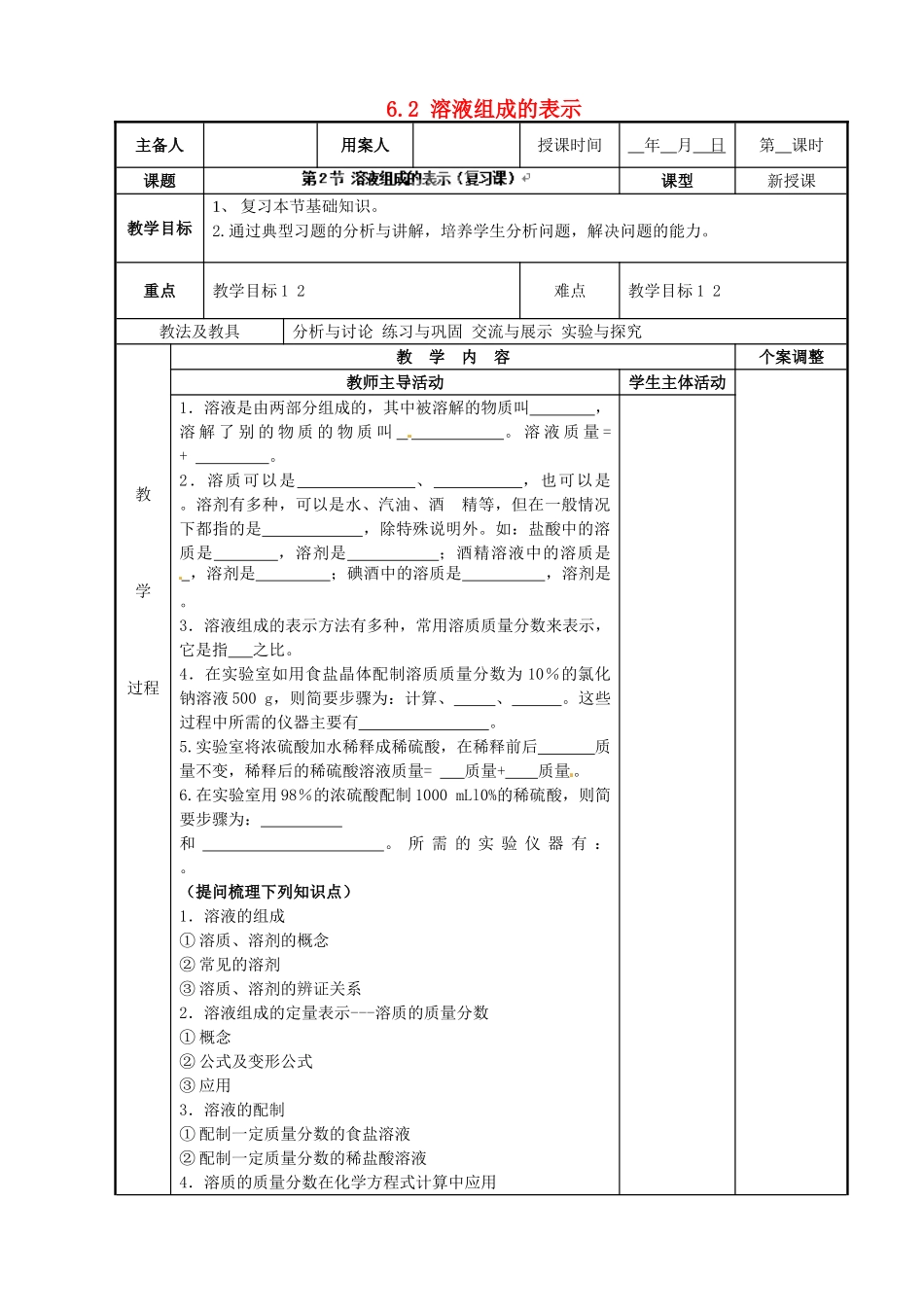 江苏省新沂市第二中学九年级化学下册 6.2 溶液组成的表示复习教案 （新版）沪教版_第1页