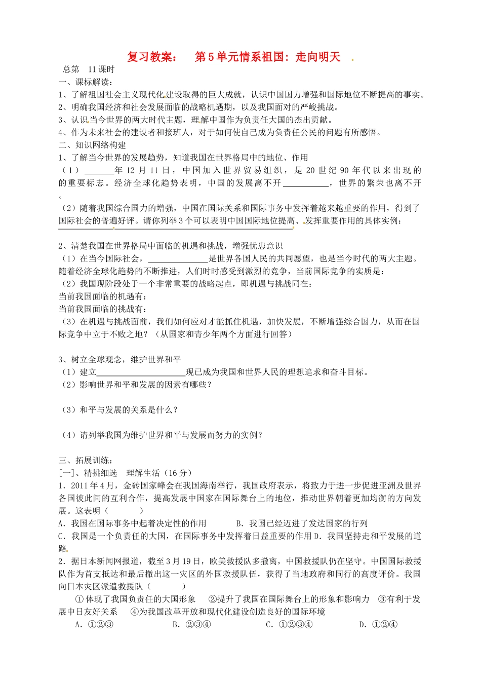 江苏省连云港市田家炳中学九年级政治第一轮复习 第11课复习教案 人教新课标版_第1页