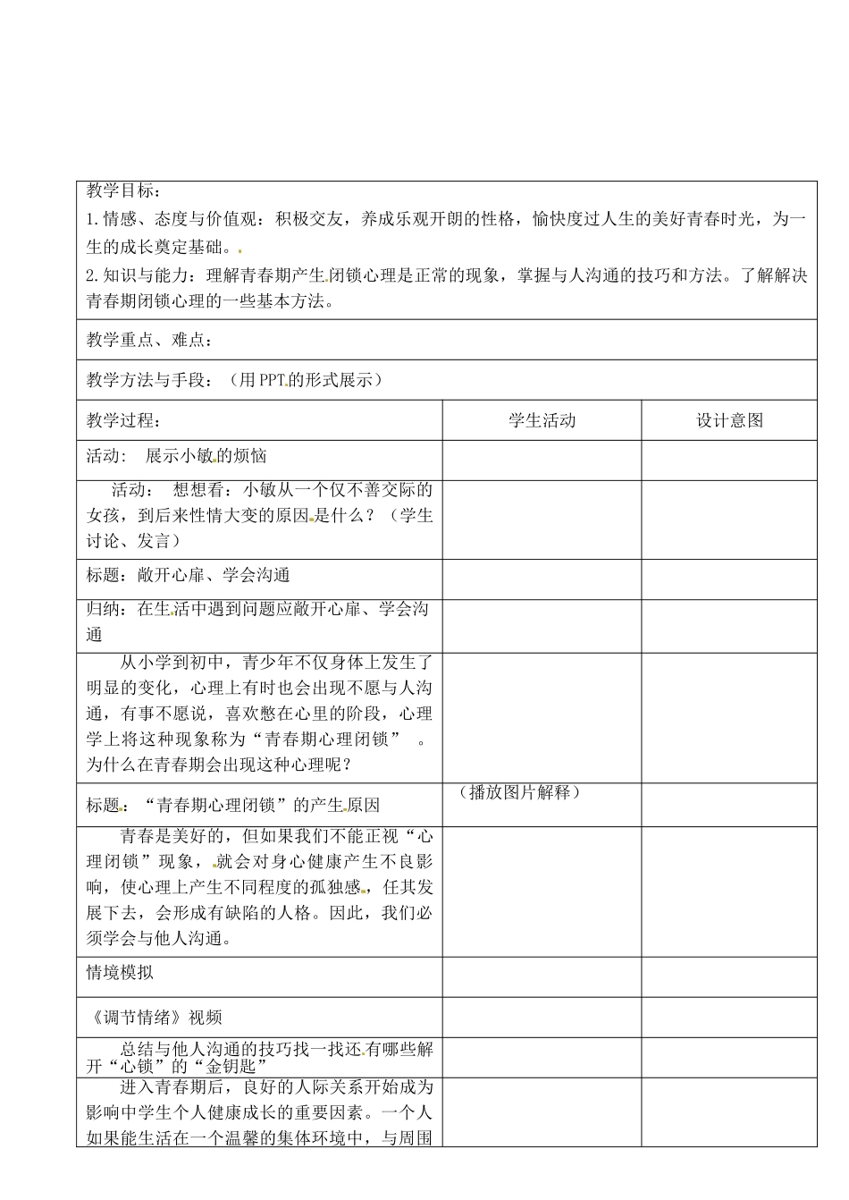 江苏省昆山市锦溪中学七年级政治下册 17.2 敞开心屝 学会沟通教案 苏教版_第2页
