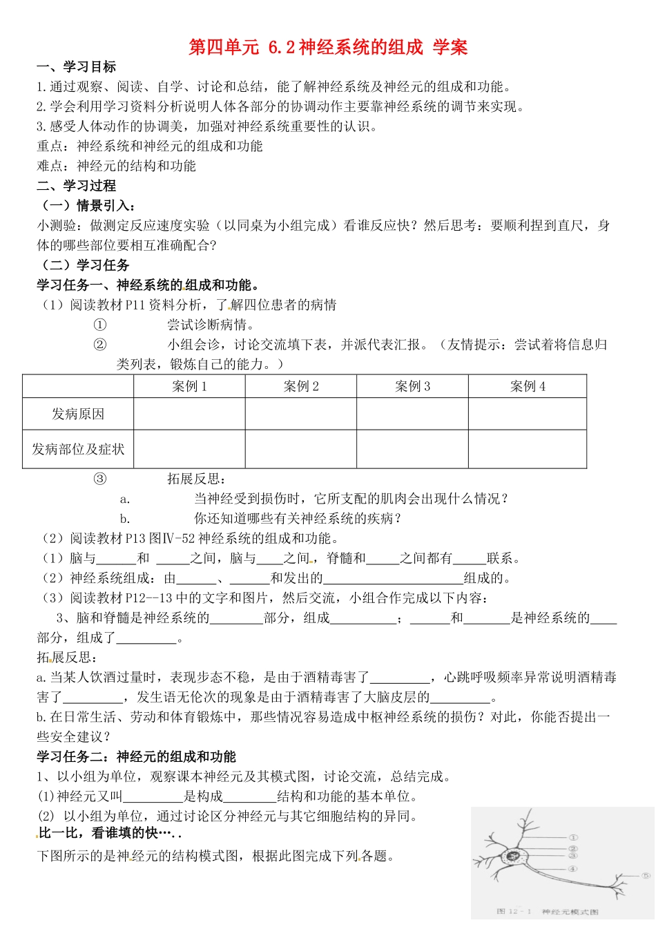 山东省淄博市桓台县起凤中学七年级生物下册 第四单元 6.2 神经系统的组成学案（无答案） 新人教版_第1页