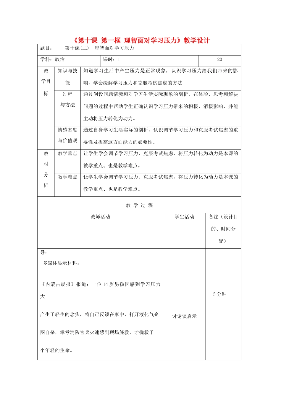吉林省四平市第十七中学九年级政治全册《第十课 第一框 理智面对学习压力》教案 新人教版_第1页