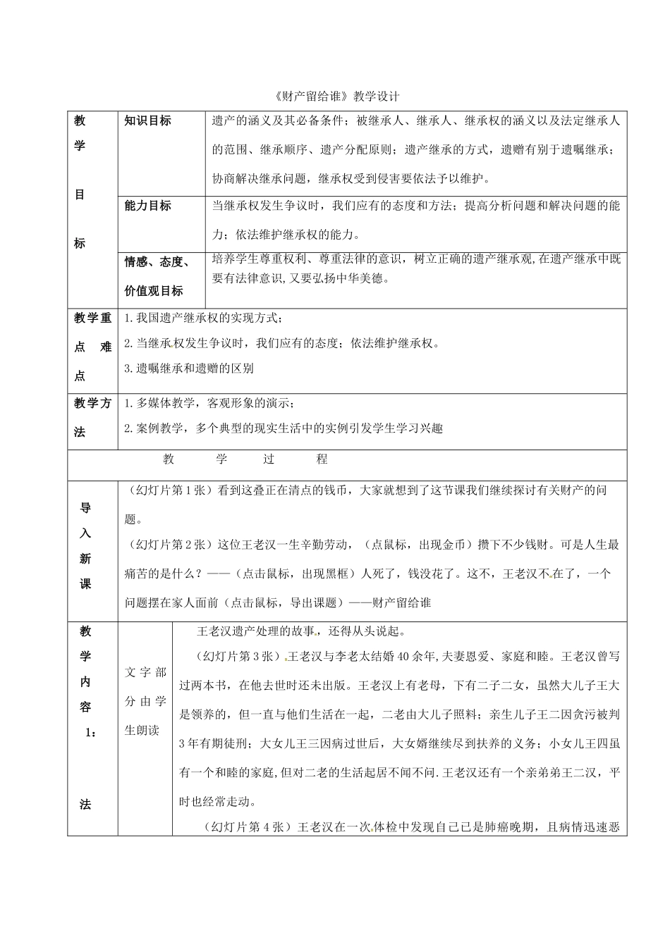 广东省汕头市八年级政治下册 第三单元 我们的文化、经济权利 第七课 拥有财产的权利 第1框 财产留给谁教案 新人教版-新人教版初中八年级下册政治教案_第1页
