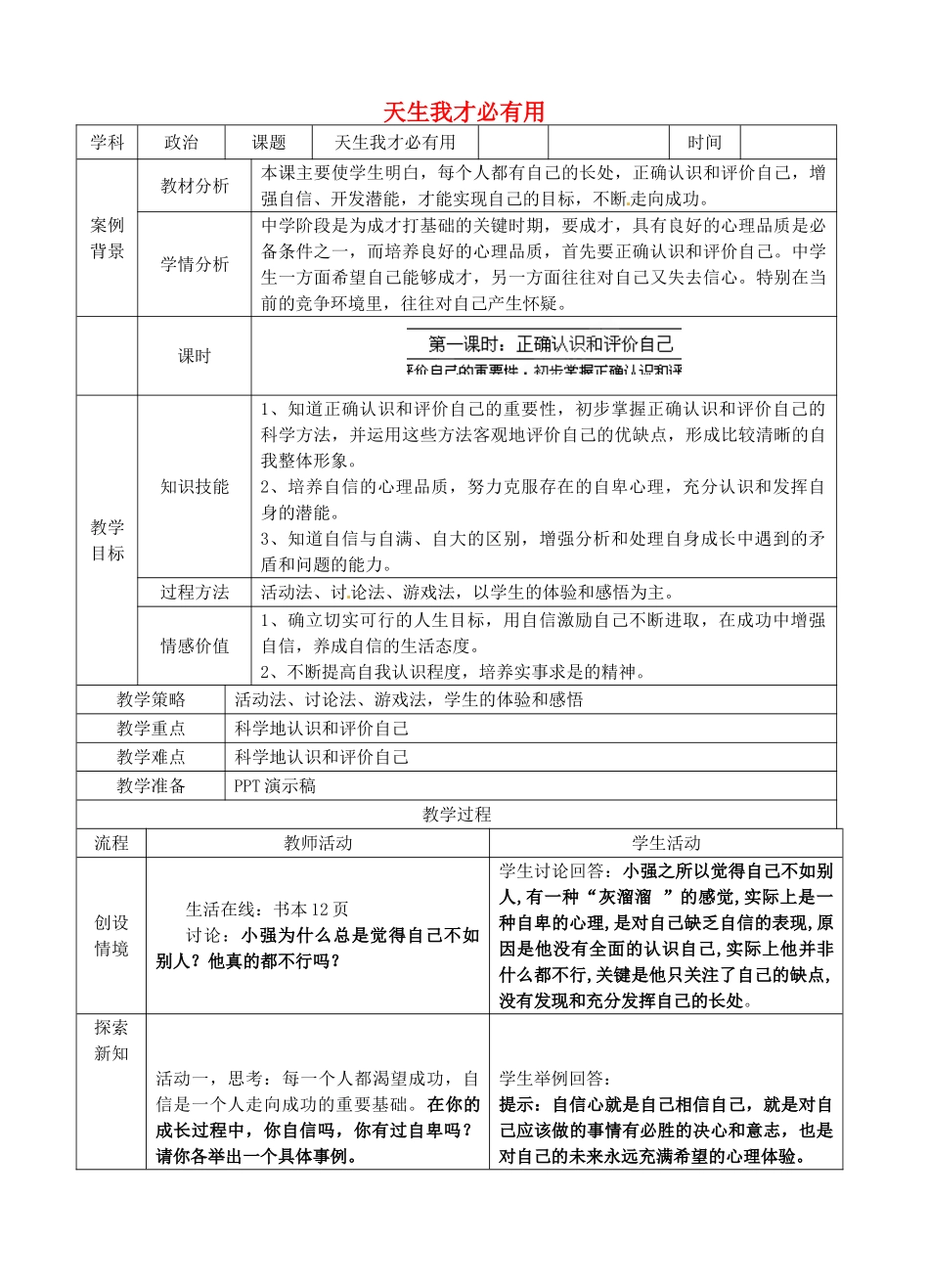 江苏省苏州张家港市一中七年级政治上册 第二课 天生我才必有用教案 苏教版_第1页