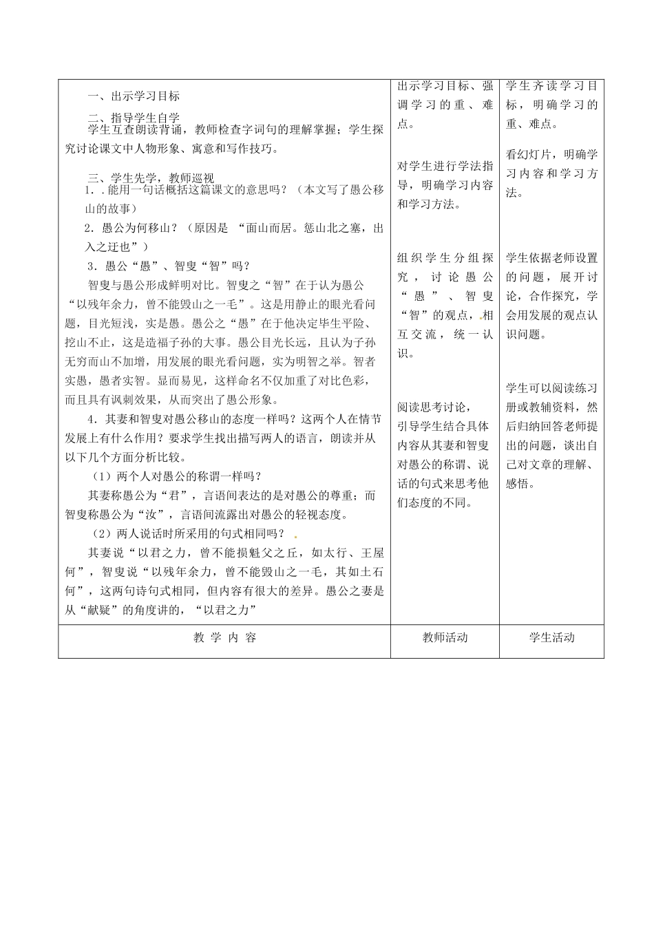 甘肃省酒泉市瓜州县第二中学七年级语文下册 第六单元 第一课《愚公移山》第二课时教案 北师大版_第2页