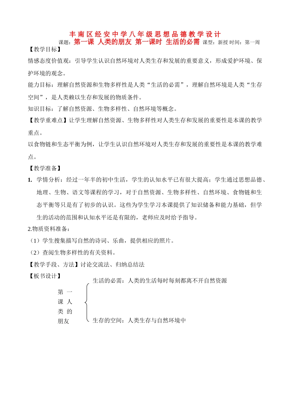 河北省唐山市丰南区经安中学八年级思想品德下册第一课人类的朋友生活的必需教学设计 教科版_第1页