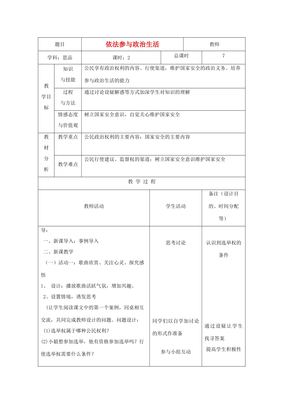 吉林省四平市第十七中学九年级政治全册《第六课 第三框 依法参与生活》教案 新人教版_第1页