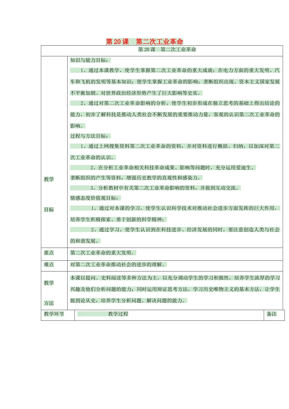 九年级历史上册 第20课 第二次工业革命教案5 中华书局版-中华书局版初中九年级上册历史教案_第1页