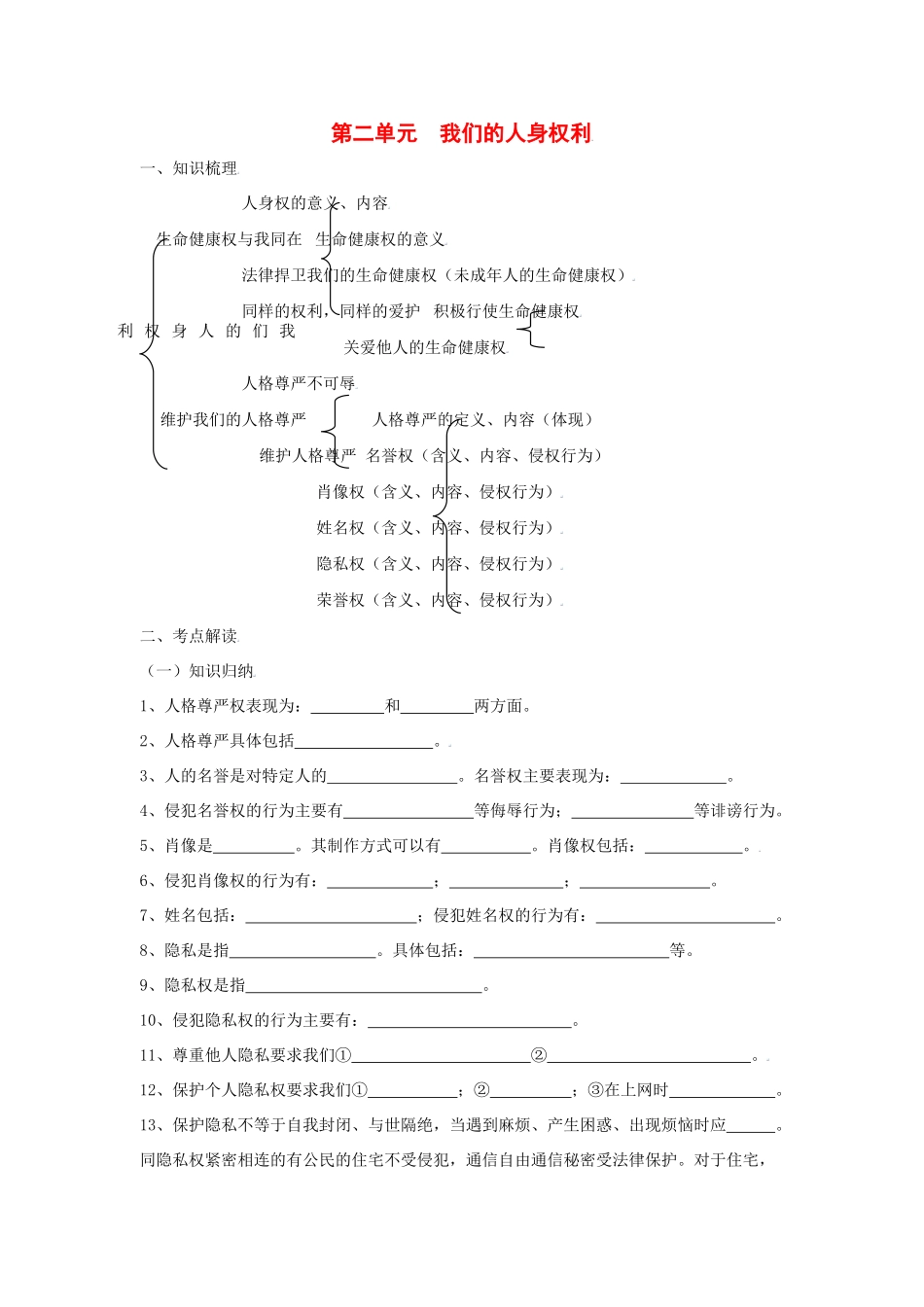 八年级政治下第二单元我们的人身权利复习教案人教版_第1页