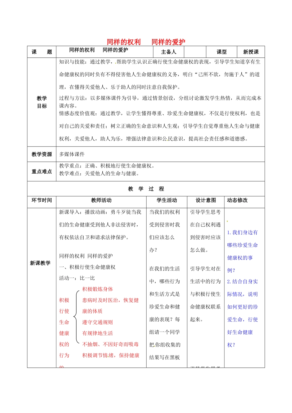 吉林省双辽市八年级政治下册 第二单元 我们的人身权利 第三课 生命健康权与我同在 第2框 同样的权利 同样的爱护教案 新人教版-新人教版初中八年级下册政治教案_第1页