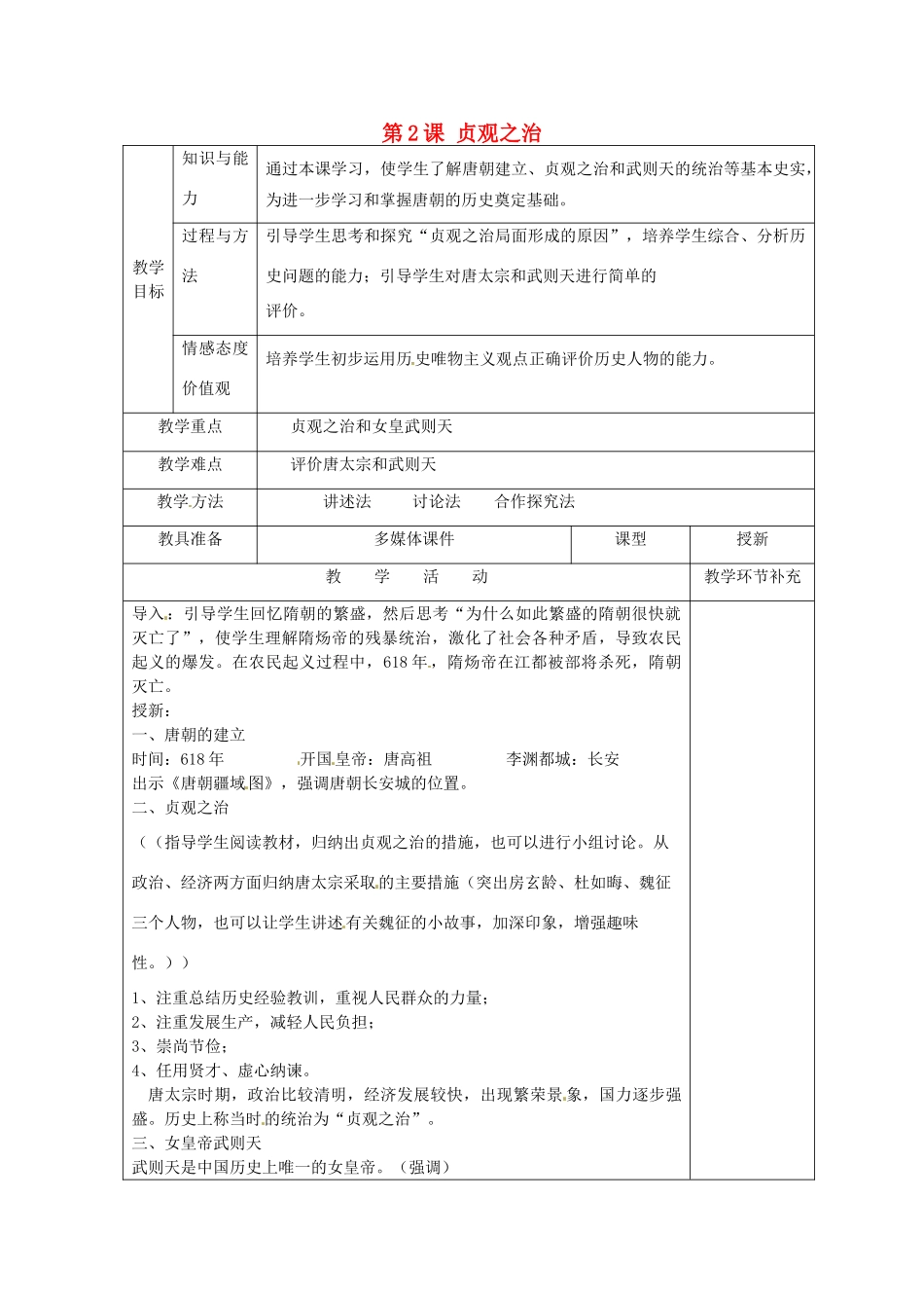 天津市滨海新区大港小王庄中学七年级历史下册 第2课 贞观之治教学设计 新人教版_第1页