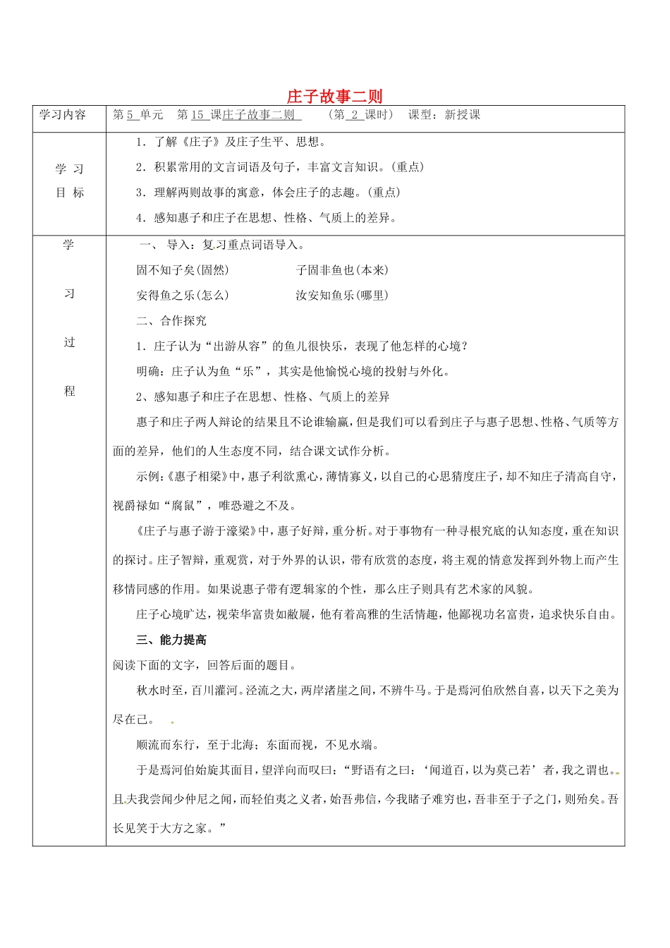 陕西省山阳县九年级语文下册 第20课 庄子学案2 新人教版-新人教版初中九年级下册语文学案_第1页