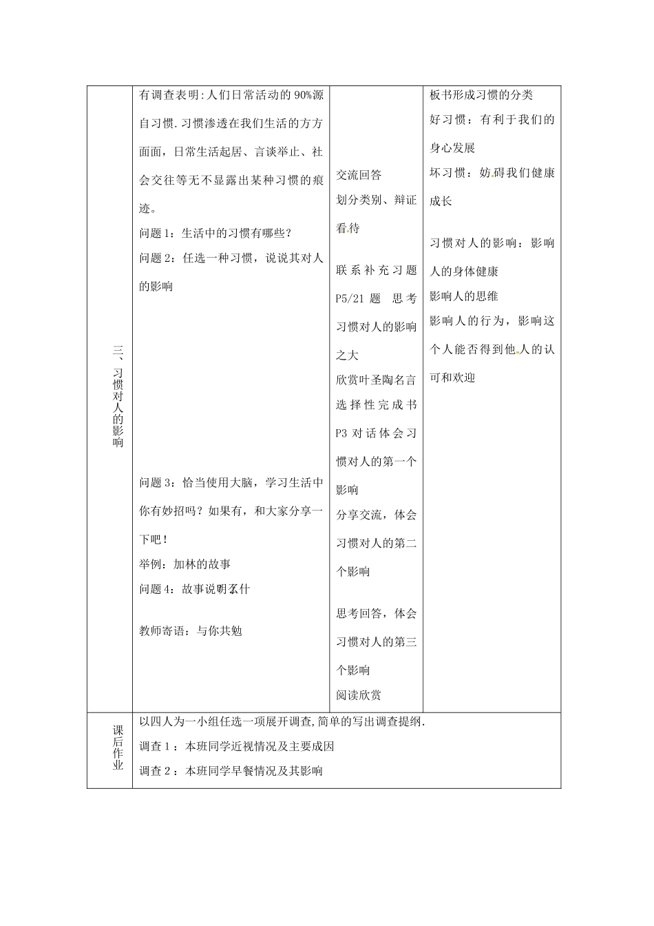 江苏省常州市花园中学八年级政治上册《第1课 好习惯受用一生 第一框 习惯对人的影响》教案 苏教版_第3页