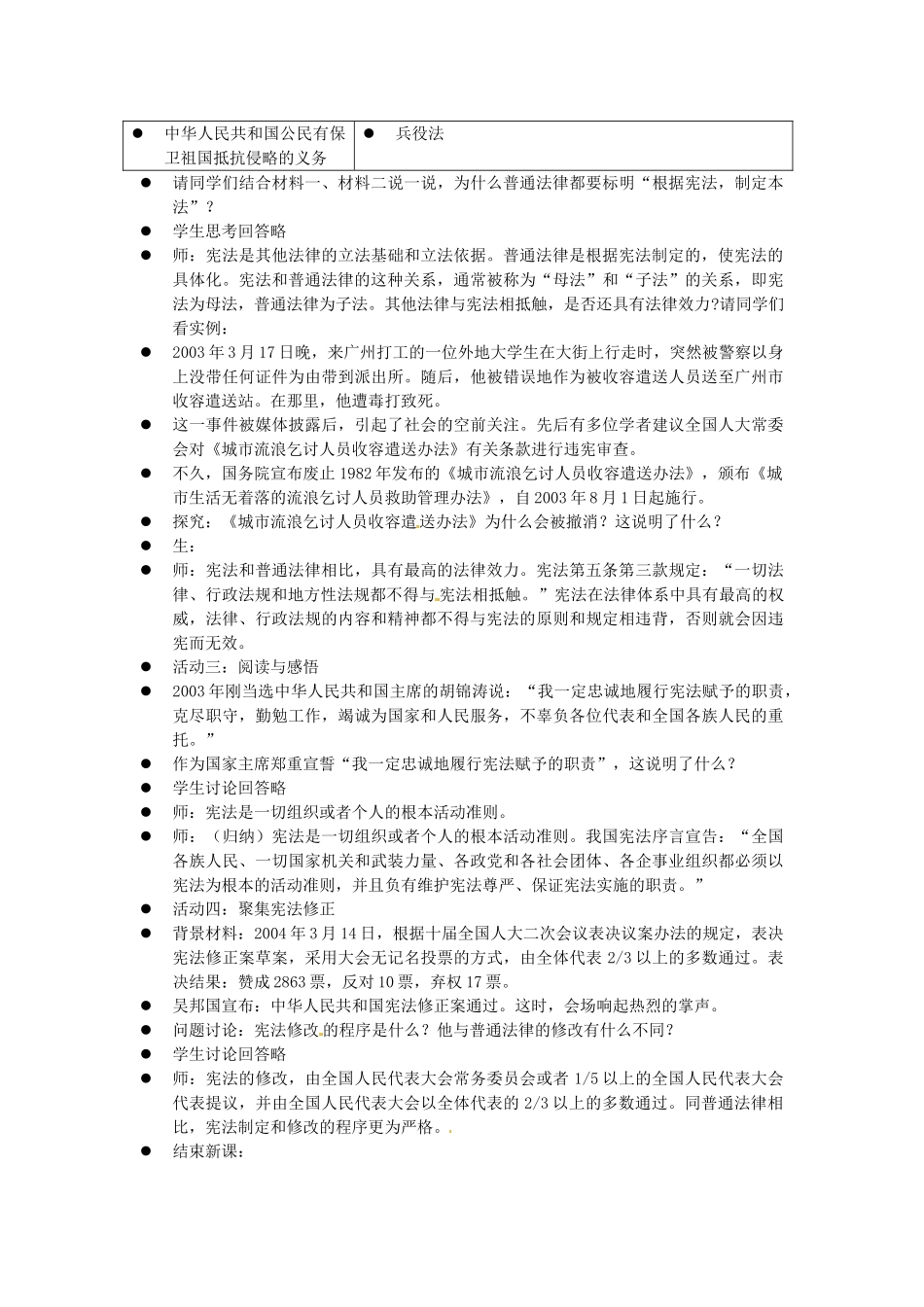 江苏省大丰市万盈二中八年级思品下册 第十五课 神圣的宪法教案1 苏教版_第3页