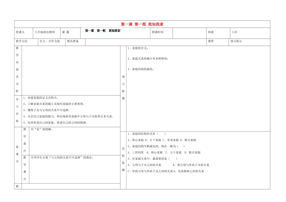 内蒙古阿鲁科尔沁旗天山第六中学八年级政治上册 第一课 第一框 我知我家教案 新人教版_第1页