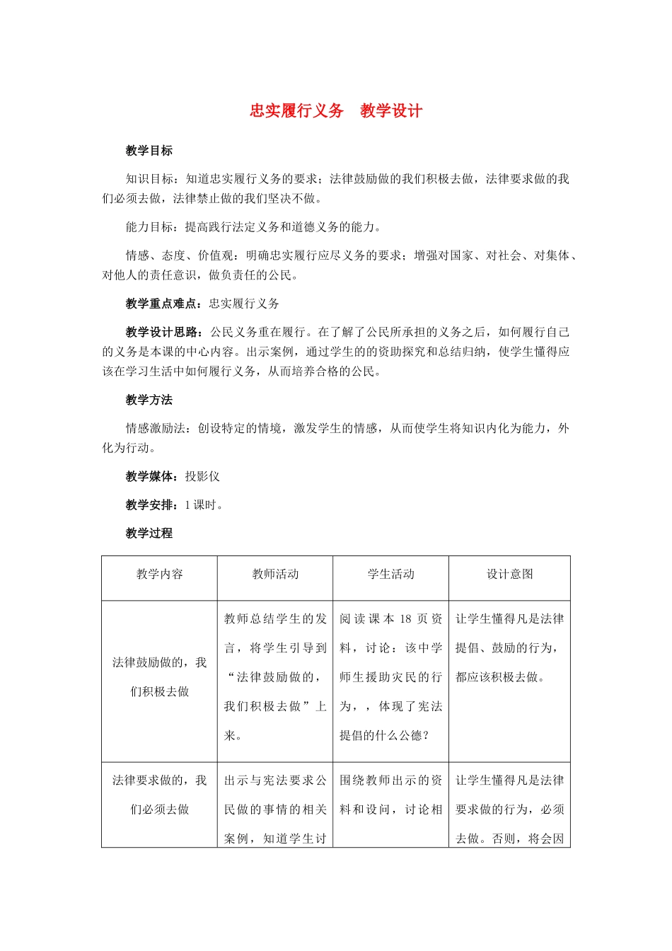 八年级政治下册 忠实履行义务教学设计 人教新课标版_第1页
