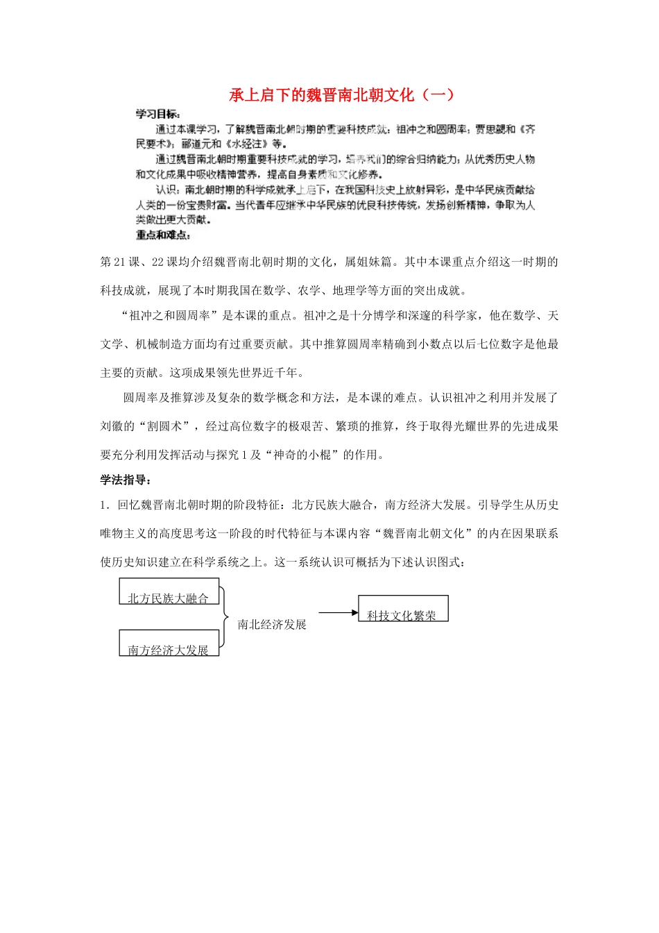 江苏省苏州五中七年级历史上册 第21课 承上启下的魏晋南北朝文化（一）学案（无答案） 新人教版_第1页