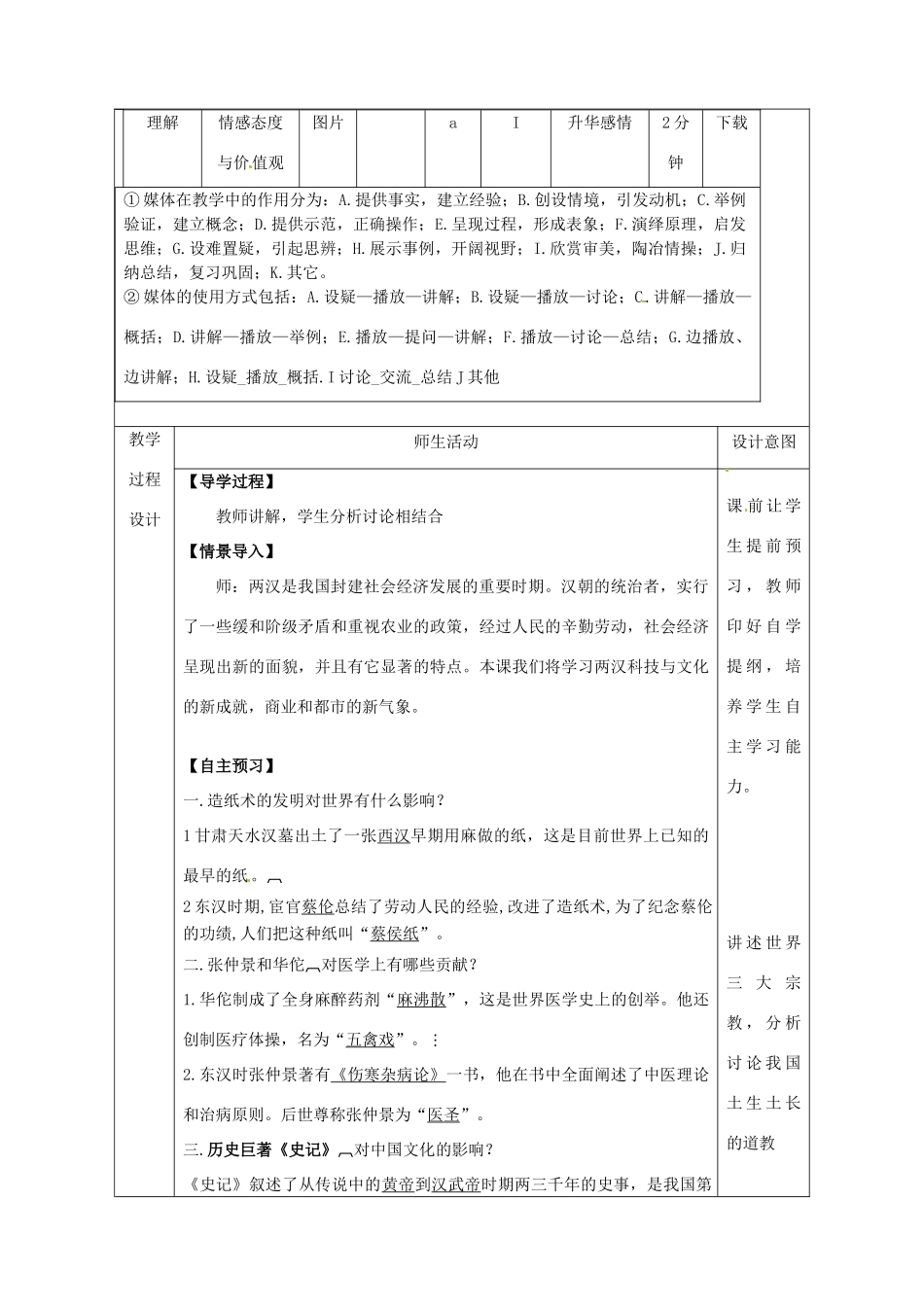陕西省安康市石泉县池河镇七年级历史上册 第15课 两汉的科技和文化教学设计 新人教版-新人教版初中七年级上册历史教案_第2页