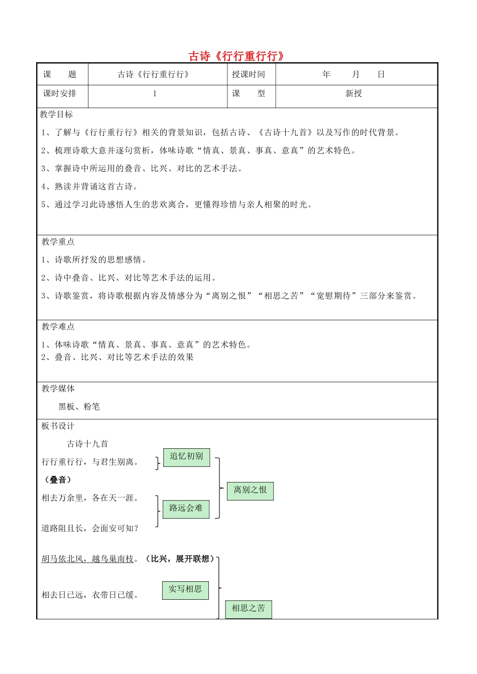 七年级语文上册 第12课《行行重行行》教案 北京课改版-北京课改版初中七年级上册语文教案_第1页