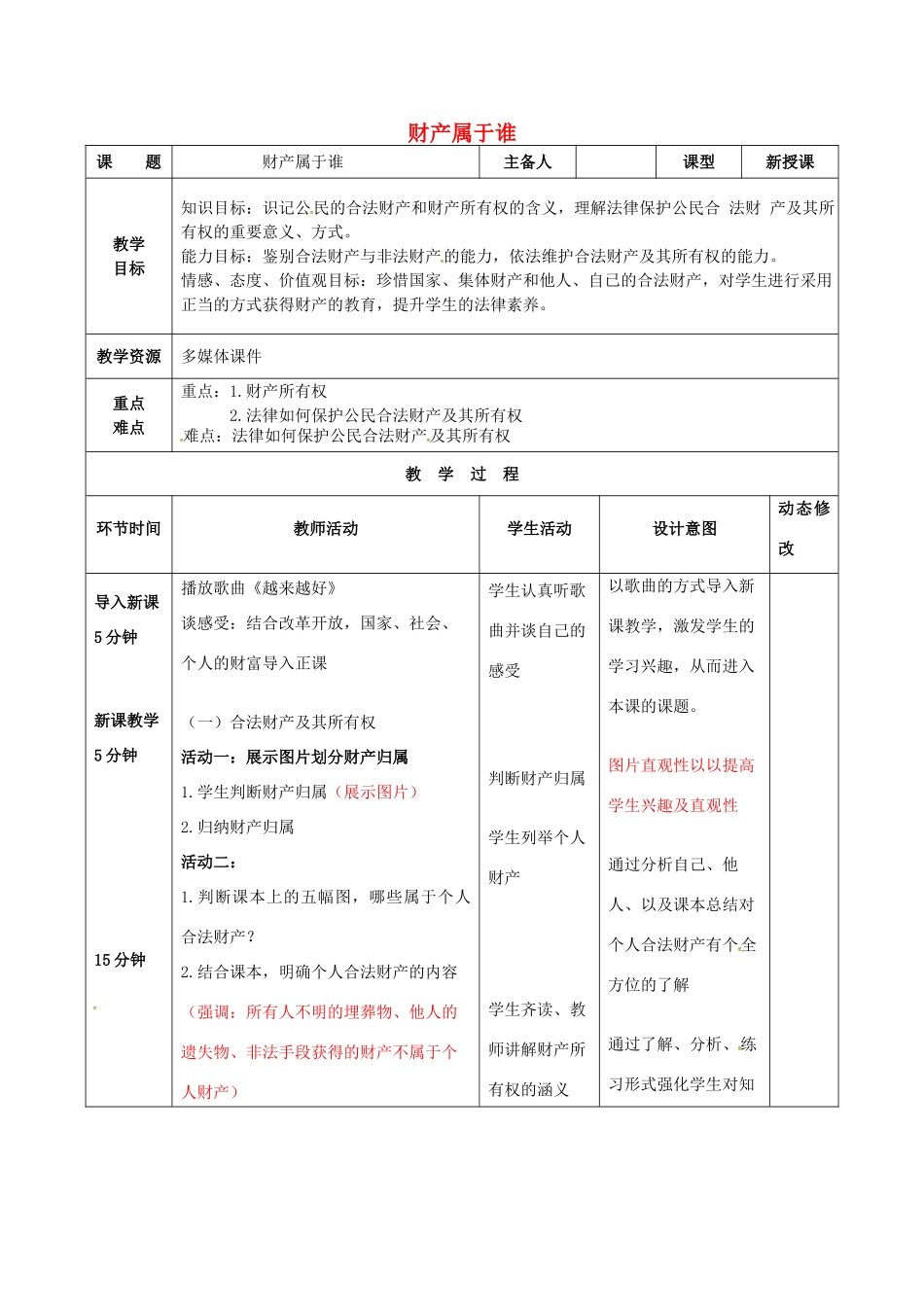 吉林省双辽市八年级政治下册 第三单元 我们的文化、经济权利 第七课 拥有财产的权利 第1框 财产属于谁教案 新人教版-新人教版初中八年级下册政治教案_第1页