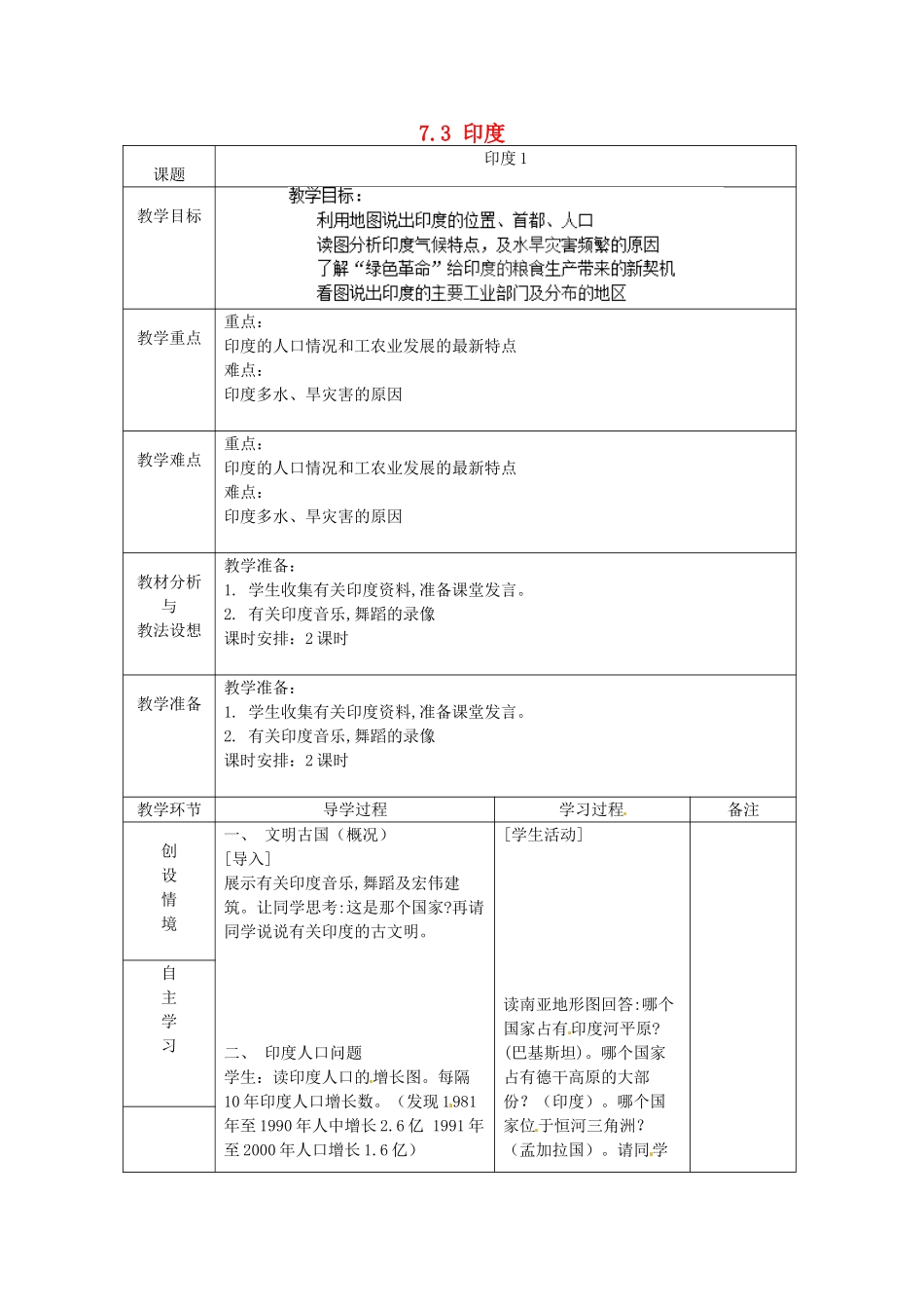 山东省临沂市蒙阴县第四中学七年级地理下册 7.3 印度教案 （新版）新人教版_第1页