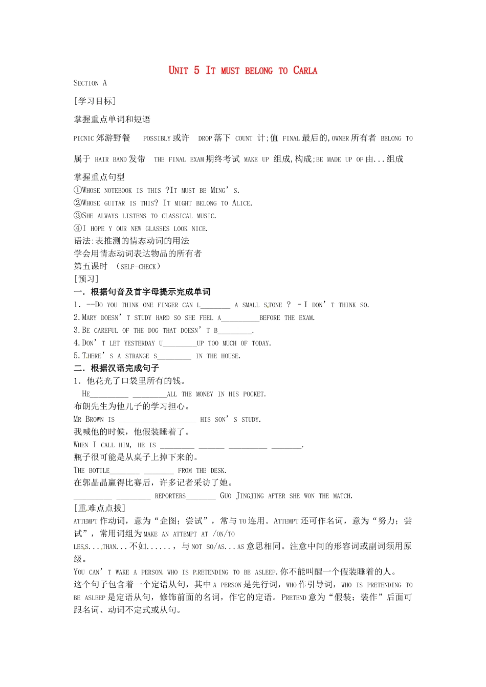 九年级英语全册《Unit 5 It must belong to Carla（第5课时）》学案 人教新目标版-人教新目标版初中九年级全册英语学案_第1页