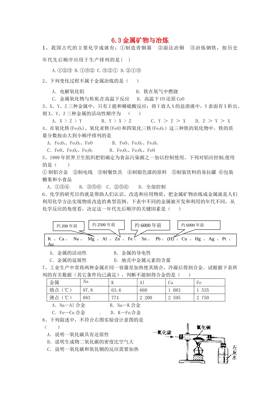 九年级化学下册 6.3 金属矿物与冶炼课时训练 （新版）粤教版_第1页