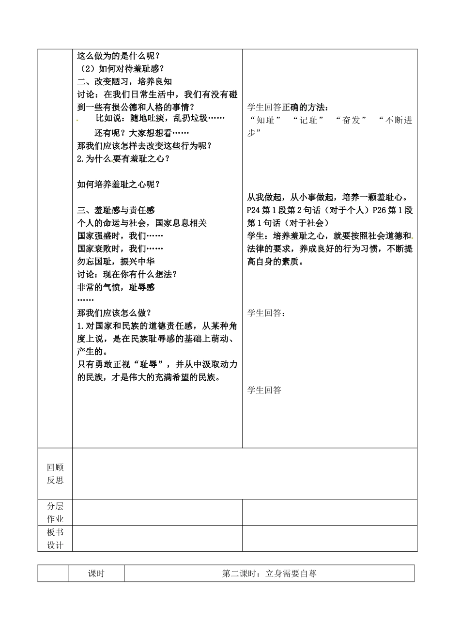 江苏省苏州张家港市一中七年级政治上册 第三课 知耻近乎勇教案 苏教版_第3页