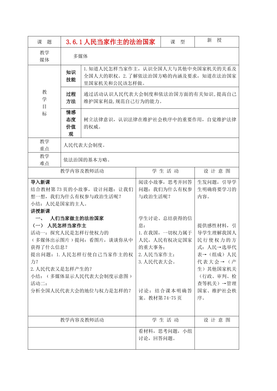九年级政治 3.6.1人民当家作主的法治国家教案 鲁教版_第1页