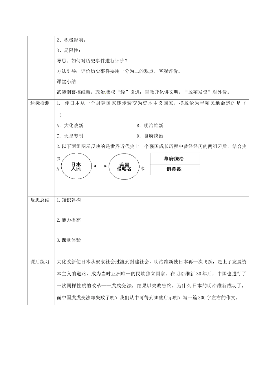 重庆市沙坪坝区九年级历史上册 世界近代史(上)第三学习主题 资产阶级统治的巩固与扩大 第21课 日本明治维新教案 川教版-川教版初中九年级上册历史教案_第3页