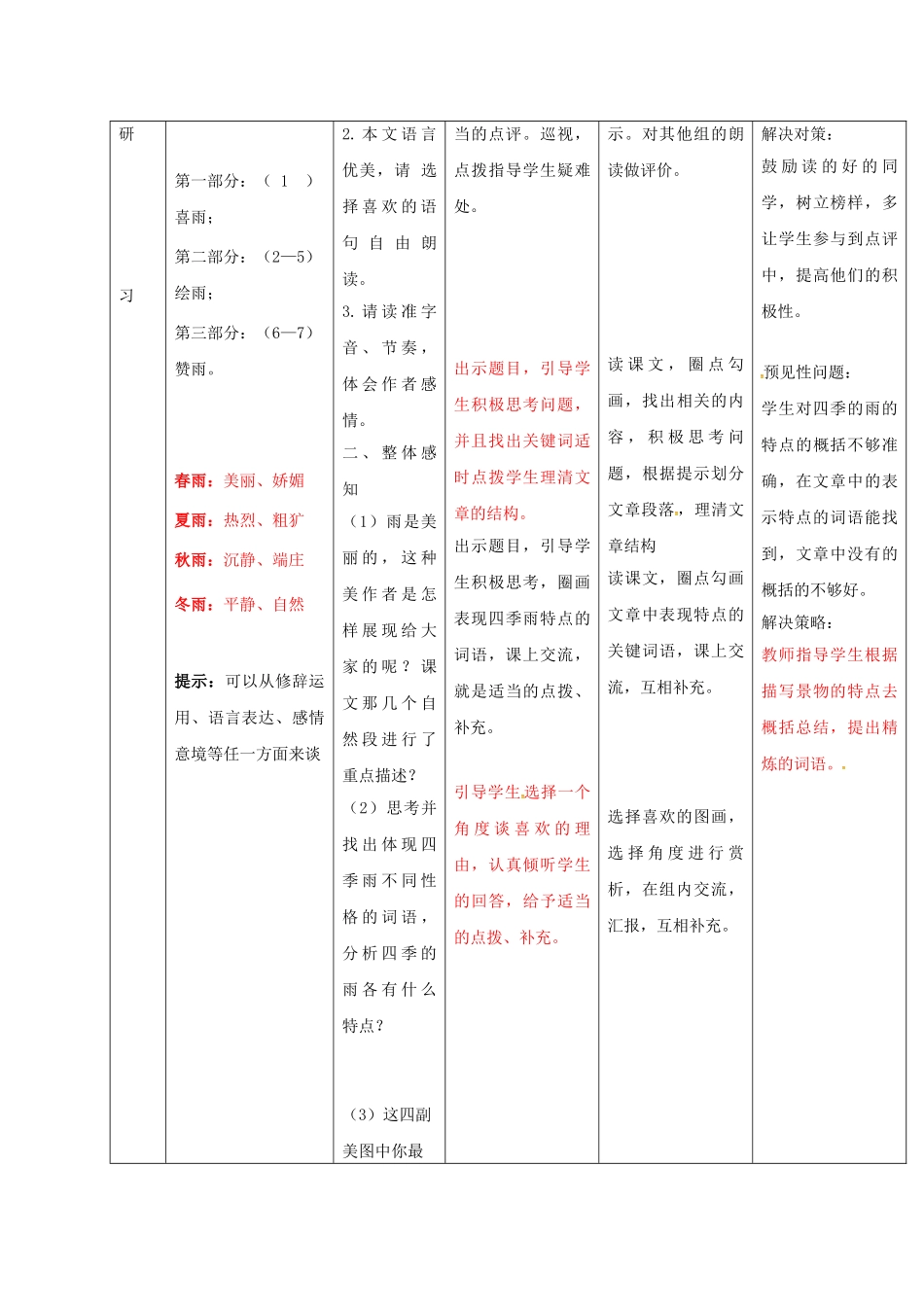 （秋季版）吉林省通化市七年级语文上册 第一单元 3 雨的四季导学案 新人教版-新人教版初中七年级上册语文学案_第2页