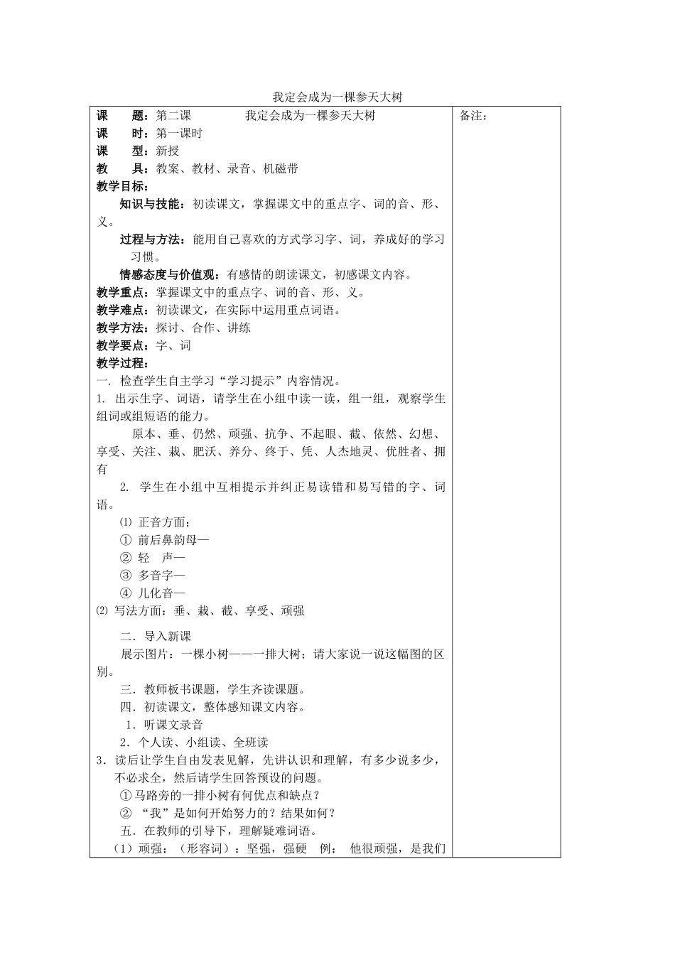 七年级语文下册 第二课《我定会成为一颗参天大树》教案2 新疆教育版-人教版初中七年级下册语文教案_第1页