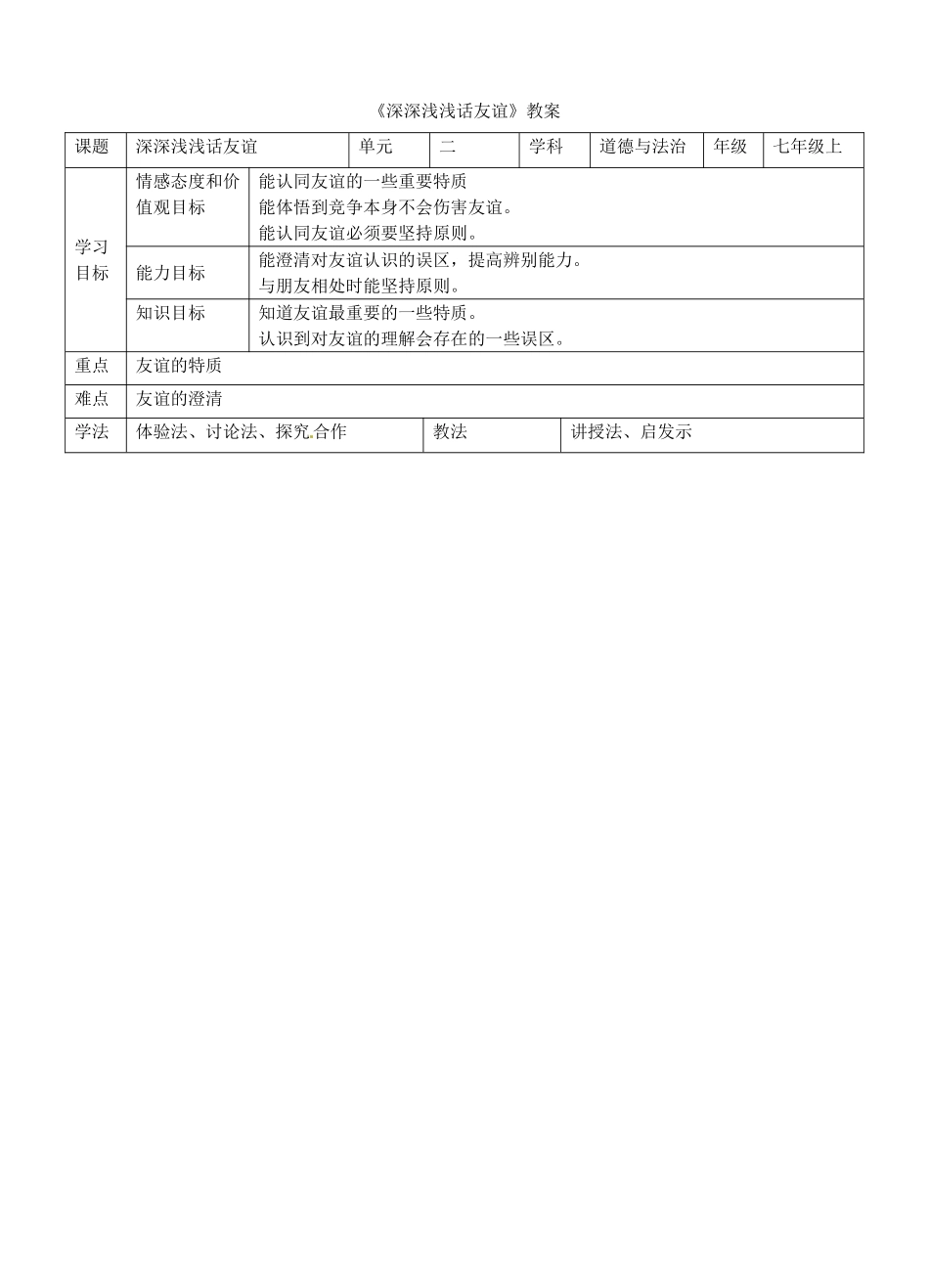 湖南省耒阳市七年级道德与法治上册 第二单元 友谊的天空 第四课 友谊与成长同行 第二框 深深浅浅话友谊教案 新人教版-新人教版初中七年级上册政治教案_第1页