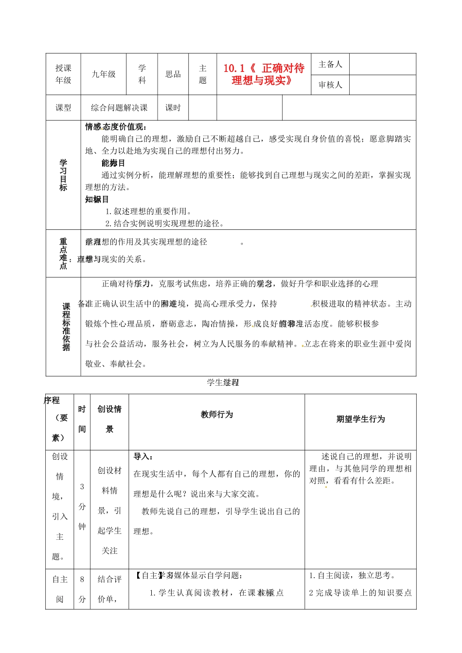 内蒙古鄂尔多斯市东胜区培正中学九年级政治全册 10.1 正确对待理想与现实教学案 新人教版_第1页