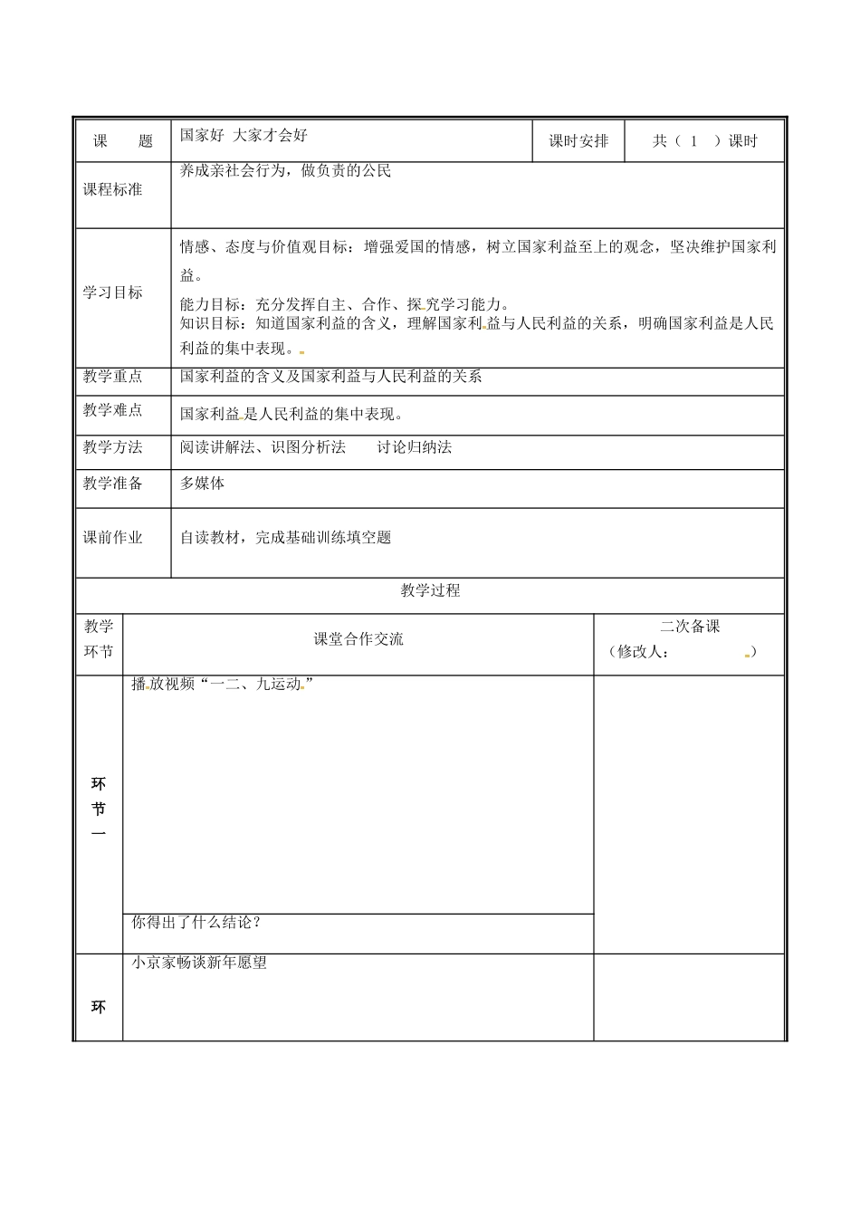 河南省中牟县八年级道德与法治上册 第四单元 维护国家利益 第八课 国家利益至上 第1框 国家好 大家才会好教案 新人教版-新人教版初中八年级上册政治教案_第2页
