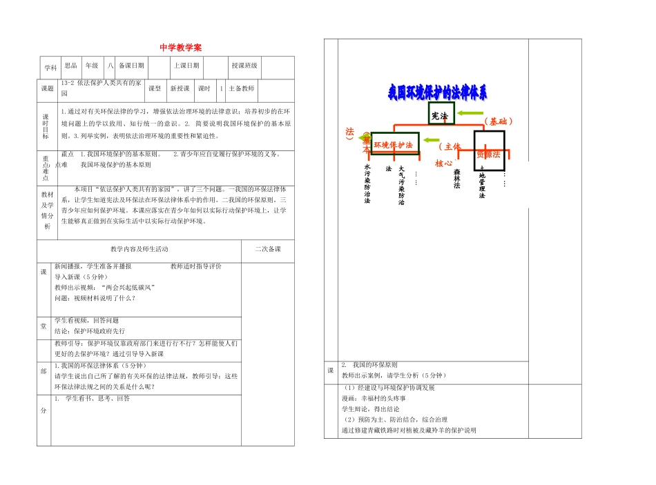 八年级政治下册 第十三课 关爱大自然 保护大自然 依法保护人类共有的家园教案 鲁教版_第1页