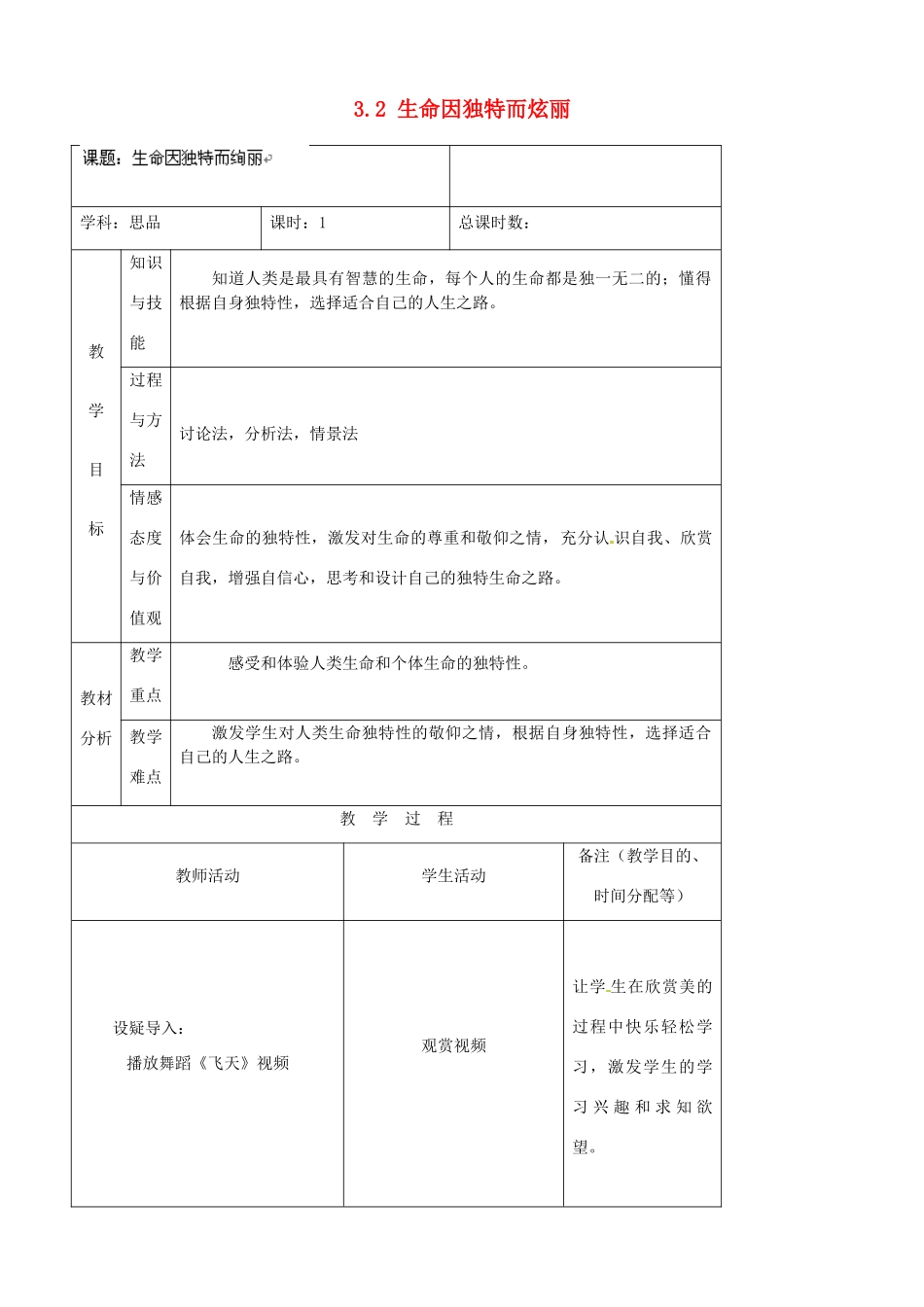 吉林省四平市第十七中学七年级政治上册 3.2 生命因独特而炫丽教案 新人教版_第1页
