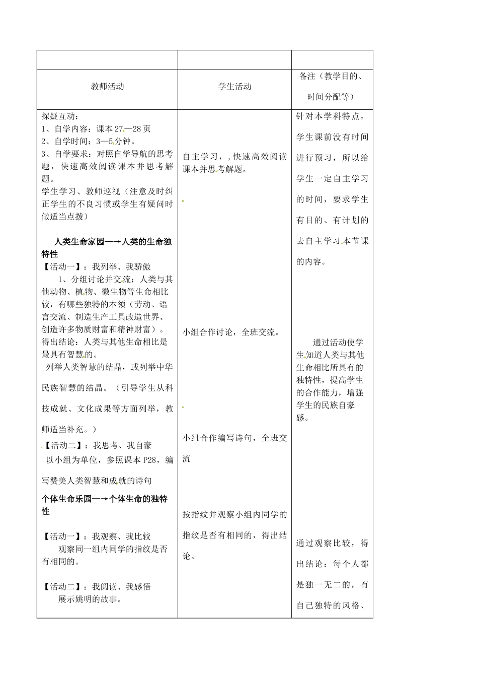 吉林省四平市第十七中学七年级政治上册 3.2 生命因独特而炫丽教案 新人教版_第2页