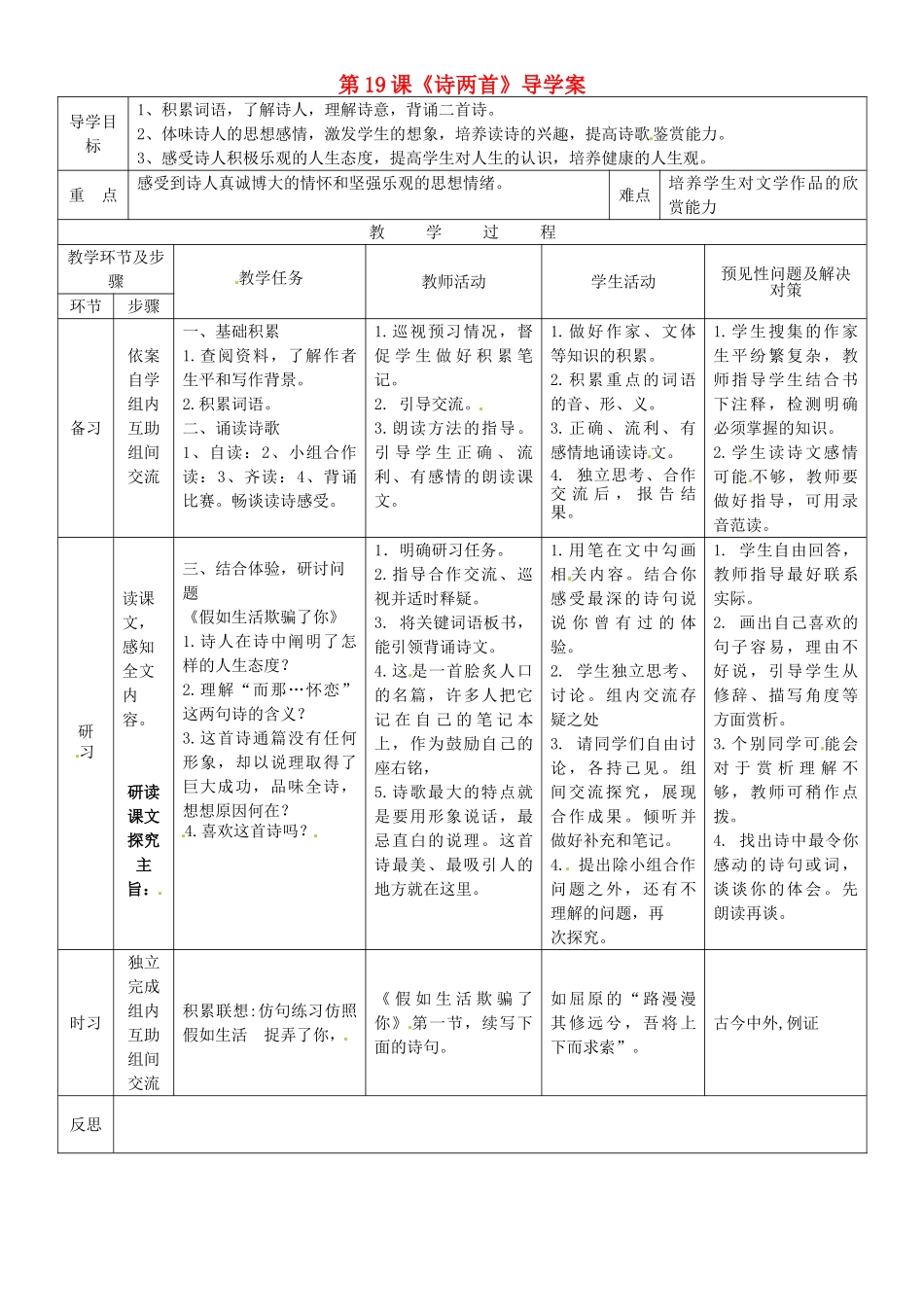 （秋季版）吉林省通化市七年级语文下册 第五单元 19《诗两首》导学案1 新人教版-新人教版初中七年级下册语文学案_第1页