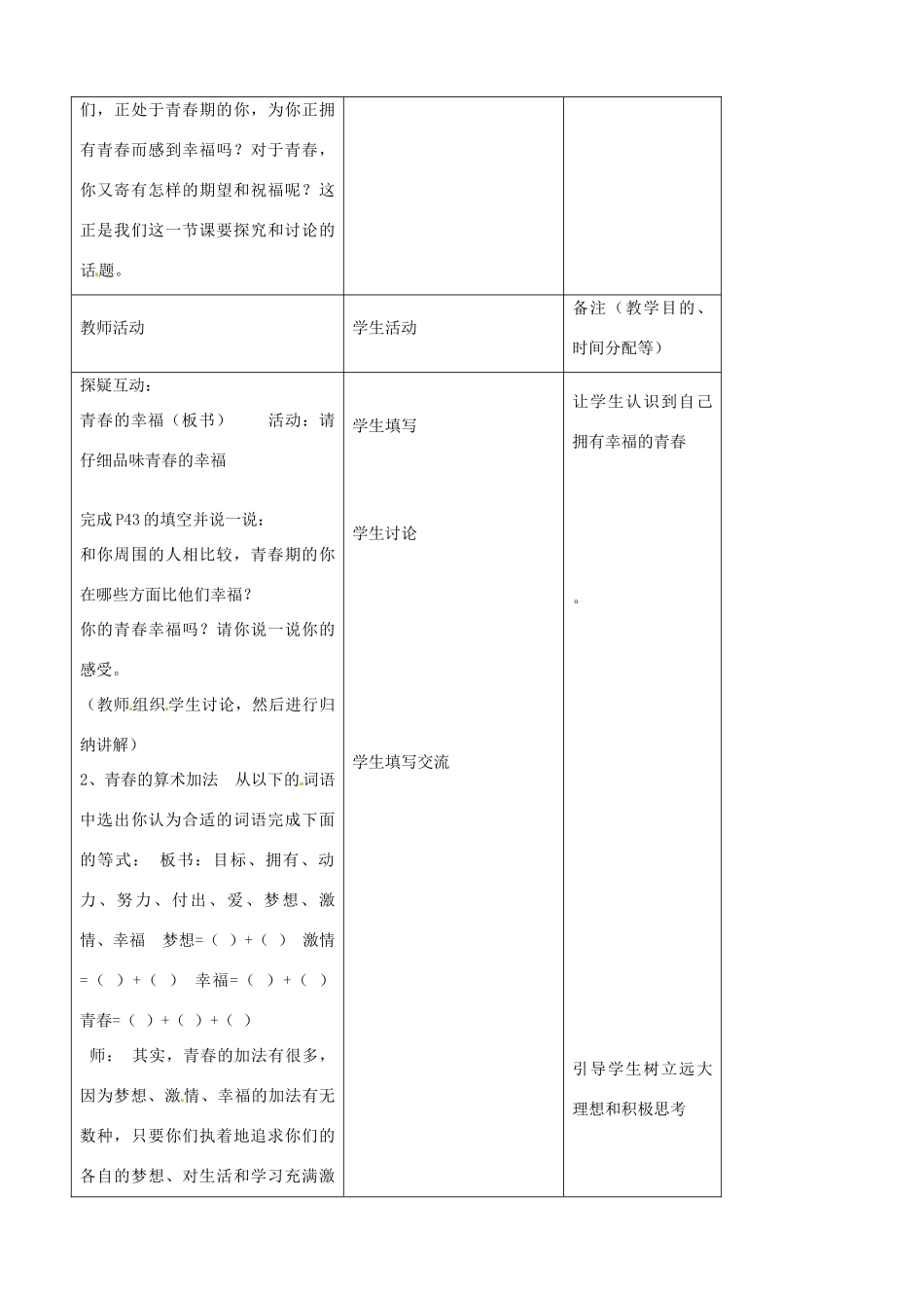 吉林省四平市第十七中学七年级政治上册 4.3 祝福青春教案 新人教版_第2页