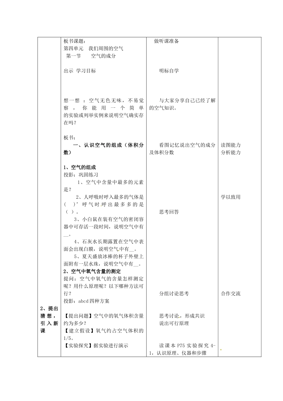 山东省滕州市大坞镇大坞中学九年级化学全册《4.1 空气的成分（第一课时）》教案 鲁教版_第2页