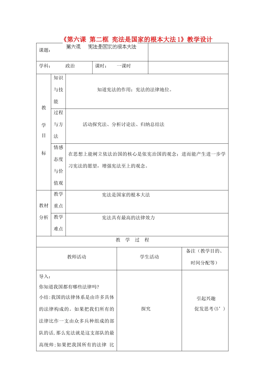 吉林省四平市第十七中学九年级政治全册《第六课 第二框 宪法是国家的根本大法1》教案 新人教版_第1页